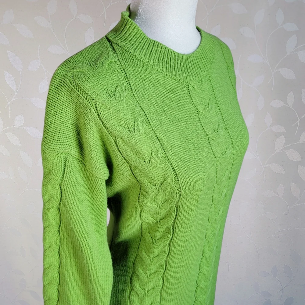 Lime Green Cable Knit Sweater Dress Crew Neck Long Sleeve Size M - Picture 3 of 9